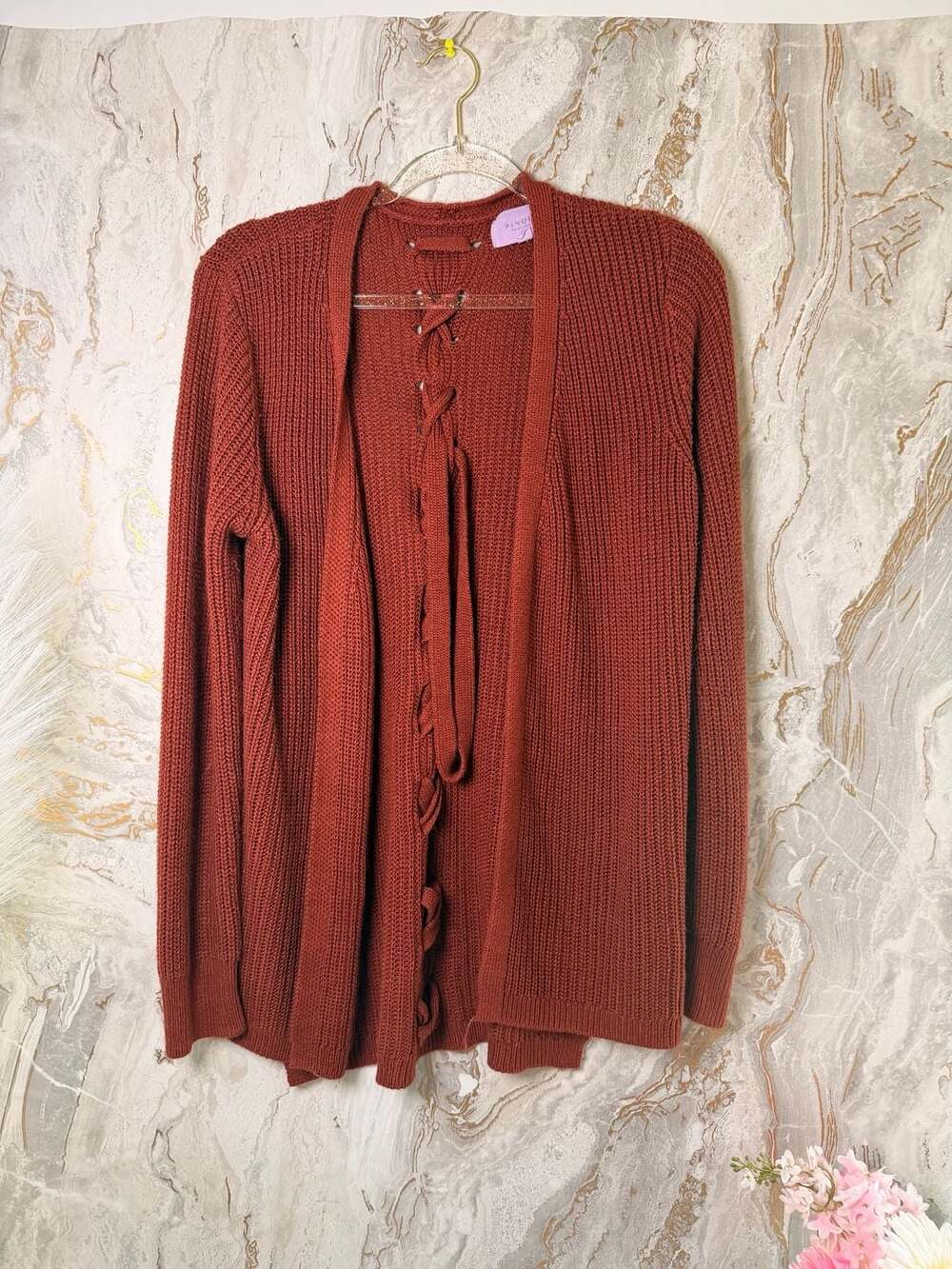 PINQUE Rust Orange Open Front Lace Up Back Knit Cardigan Sweater XXL